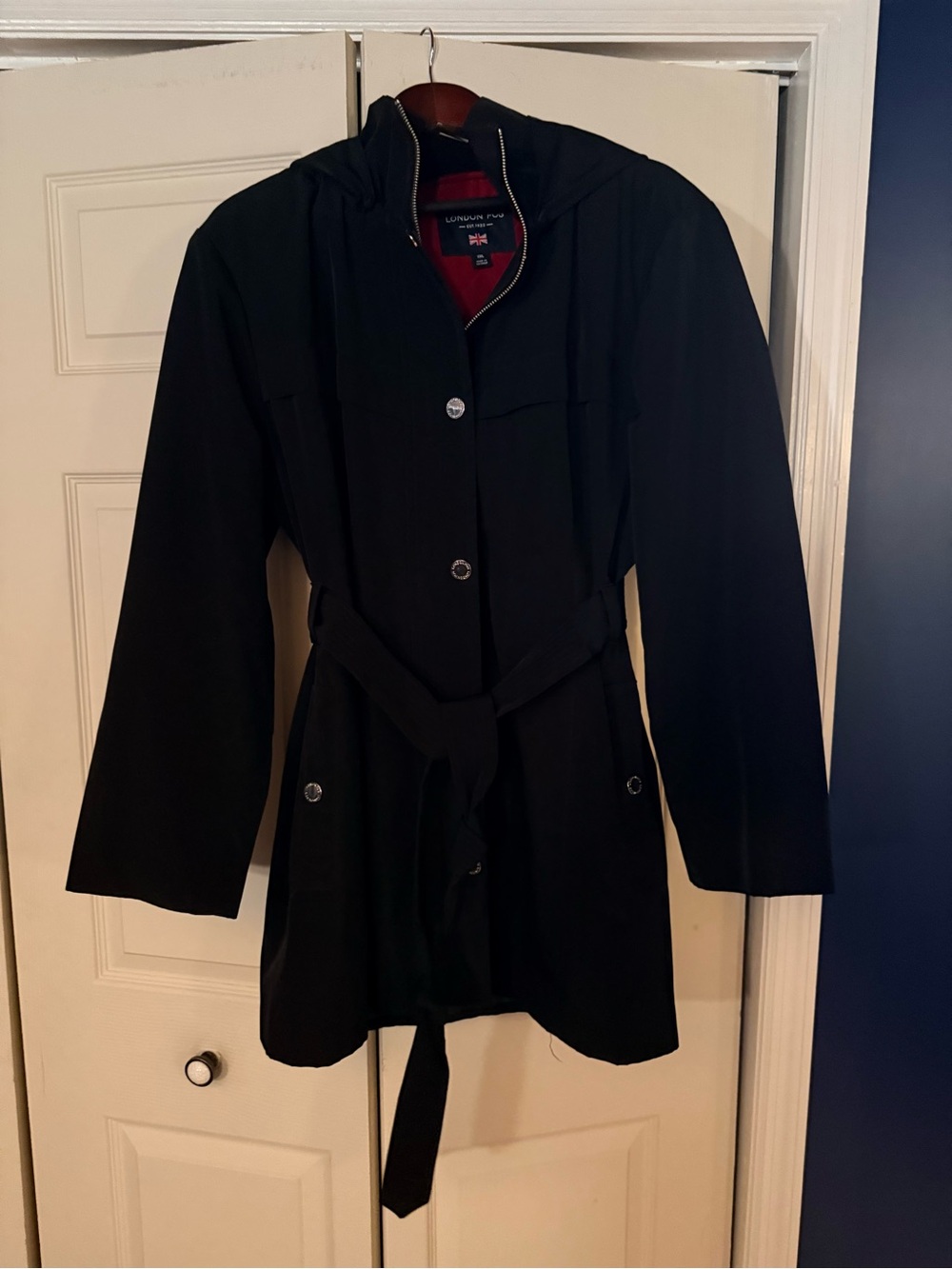 London Fog XXL Classic Black Hooded Belted Raincoat Trench Red Quilted Lining